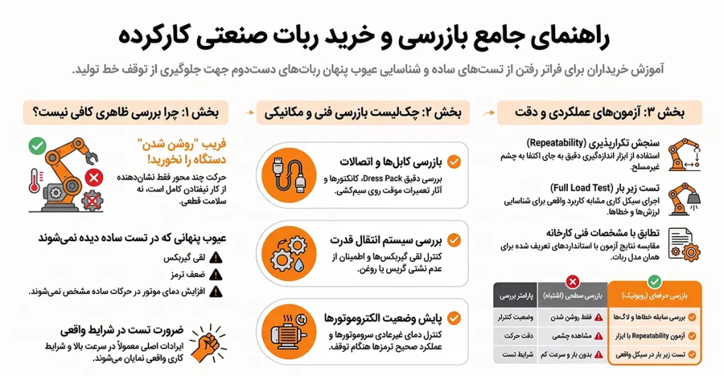 اینفوگرافیک راهنمای جامع بازرسی و تست ربات صنعتی کارکرده شامل چکلیست کابلها، بررسی لقی گیربکس، پایش دمای موتور و آزمونهای Repeatability زیر بار - راهنمای خرید ربات صنعتی دست دوم
