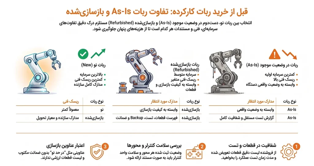 اینفوگرافیک مقایسه ربات صنعتی نو، بازسازیشده (Refurbished) و دست دوم As-Is به همراه تفاوت ریسک فنی و مدارک مورد نیاز